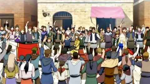 Anime fantasy crowd cheering in village square, medieval attire