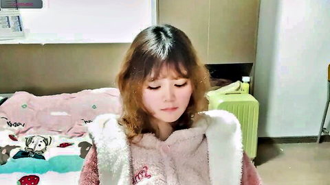 Asian webcam girl in pink fluffy robe, solo softcore pose