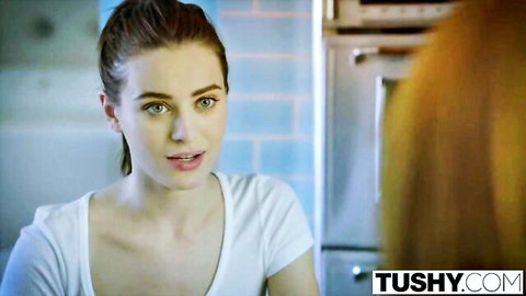 Lana Rhoades brunette in white tank top, seductive kitchen stare