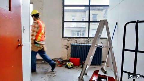 Bo Sinn as handsome twink construction worker approaches gloryhole in steamy gay scene with Dane Jaxson