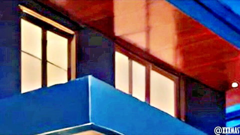 Modern building corner with orange cladding, blue railing, and lit windows - Elastigirl parody thumbnail