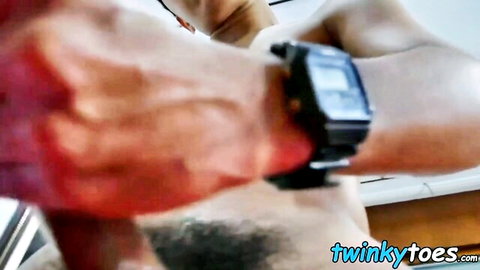 Young twink Arjo's muscular arm with watch in solo gay jerk off