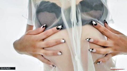 Pregnant skinny teen in sheer top exposing black star bra and small tits hands on round belly