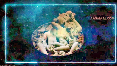 Ethereal nude goddess embracing naked childlike figures with bare tits and pussies in glowing cosmic bowl