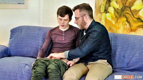 Older bearded man touches young twink's crotch in intimate gay lesson scene