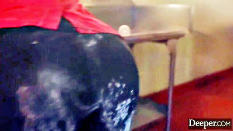 Busty Latina MILF ass creampie in red top, from behind view