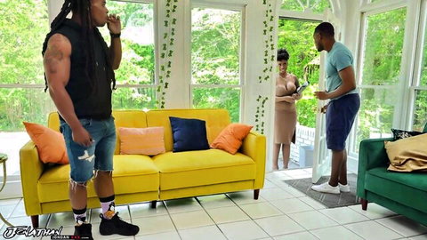 Lyric Sky busty thick ebony in teasing threesome with two men