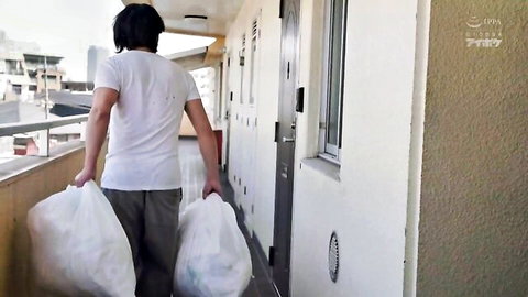 Japanese teen girl walking down hallway in tight white tee and grey pants