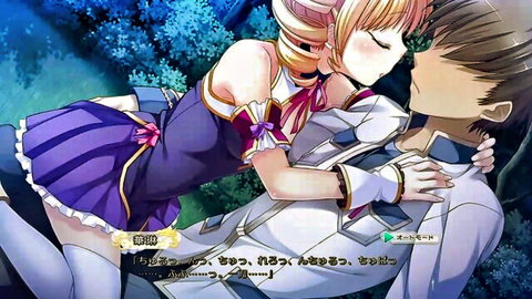 Blonde anime girl in frilly purple dress passionately kissing brown-haired boy while straddling him