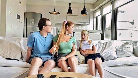 Casual family threesome tease with redhead and blonde on couch