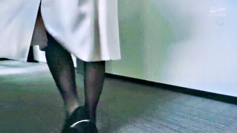 Ayaka Muto walking in white slit dress and black stockings, mature beauty