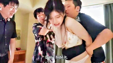 Rei Kamiki in intense JAV group scene, held and kissed by men