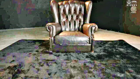 Empty luxurious brown leather armchair on black rug in dark studio setup