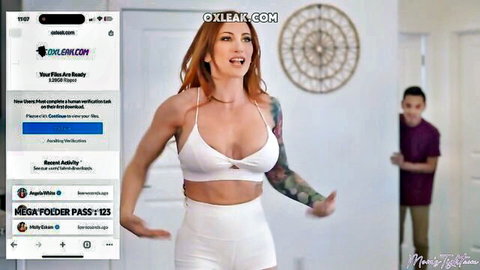 Redhead MILF stepmom in tight white bralette and shorts teasing young boy in background