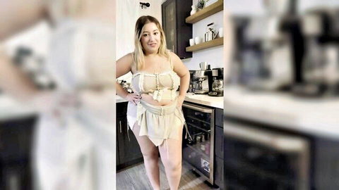 Curvy blonde BBW posing in skimpy beige lingerie in kitchen showing big tits and thick thighs