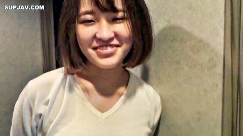 Cute Japanese woman smiling in white V-neck shirt, amateur uncensored JAV