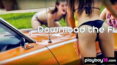 Ayumi Anime and hot GFs in bikinis washing classic car outdoors