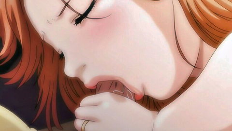 Anime orange-haired woman performing intense blowjob with wedding ring visible