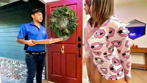 Chloe Foxxe in sexy lips nightie seduces pizza delivery guy Max Fills amateur porn