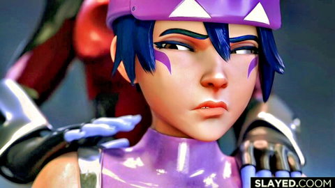 Overwatch Kiriko in tight purple suit groped by monster hands from behind