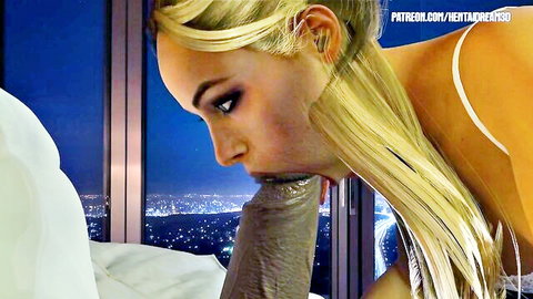 Blonde wife in white lingerie about to suck huge black cock, cuckold scene