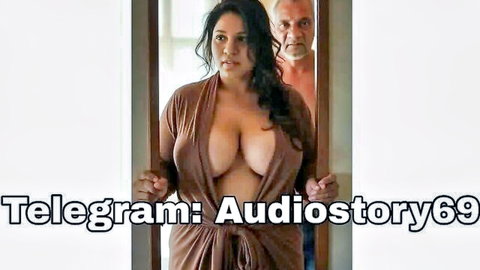 Busty Indian MILF with huge tits in open robe as older man peeks from behind in doorway