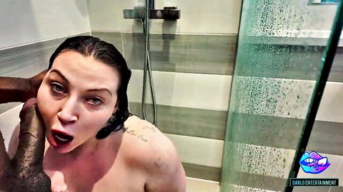 White brunette deepthroats massive BBC in steamy shower with rough hand gagging