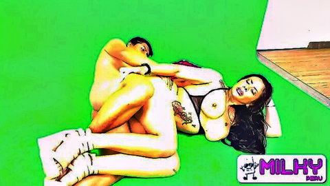 Asian woman with tattoos in high heels penetrated doggy style by nude man