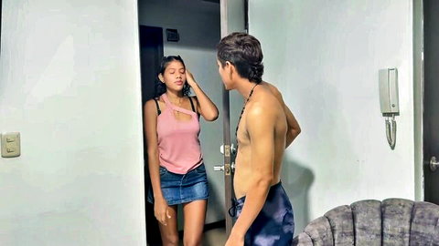 Sofiayriky in pink tank top and denim mini skirt teases shirtless step-brother