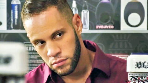 Intense bearded man in purple shirt, Natalie Mars trans glory hole scene