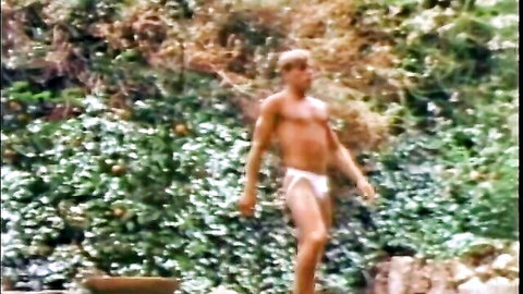 Retro gay porn: Peter Hanson in white briefs, muscular blonde in forest