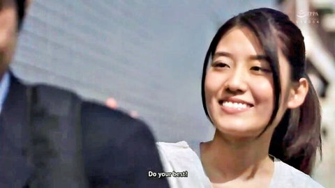 Nao Jinguji smiling encouragingly in white top, JAV scene with suited man