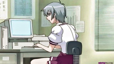 Anime schoolgirl with gray hair typing at computer in uniform