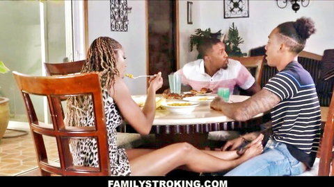 Misty Stone in leopard dress at black family dinner orgy with Adriana Maya