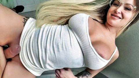 Blonde with glasses in tight tank top spreads legs exposing wet pussy for thick cock tease POV