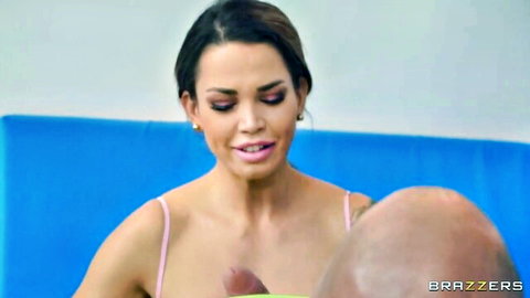 Busty Latina Chloe Amour performs oral on bald trainer