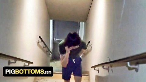 Young twink bends over in stairwell, Virgin Bottoms Club scene