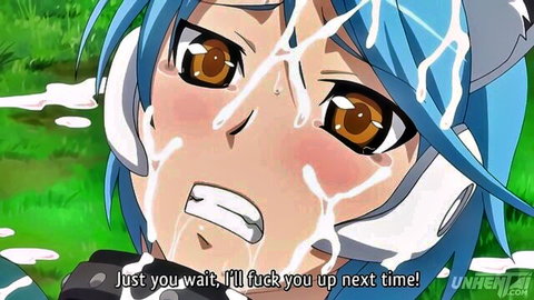 Blue-haired hentai cosplayer with ahegao face and cumshot after squirting