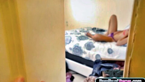 Petite teen stepdaughter fingered by perv stepdad on bed