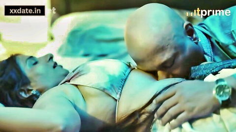 Indian plumper in blue bikini passionately kissed by bald man on bed