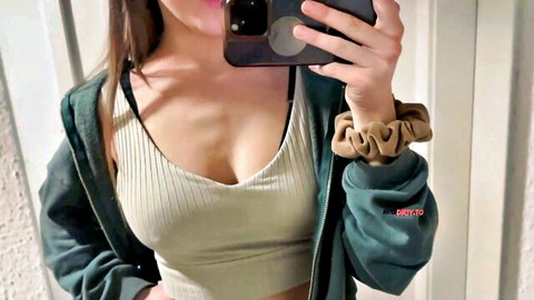 Luna Lou sexy selfie in open hoodie and cleavage-baring tank top