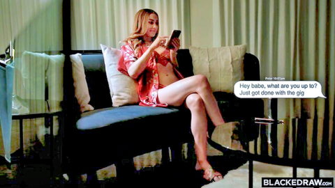 Sinderella in red lingerie texting seductively, boyfriend out of town