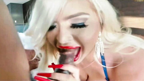 Curvy blonde MILF with huge boobs sucking BBC in close-up oral action