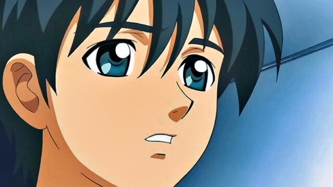 Shocked anime hentai boy with wide blue eyes and open mouth close-up
