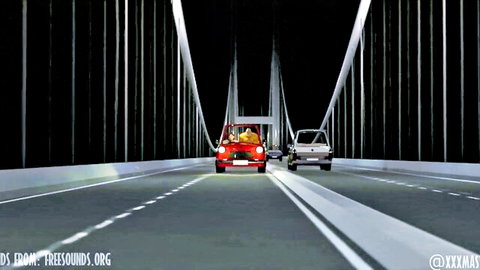 Red Mini Cooper car driving on illuminated bridge at night with white car behind