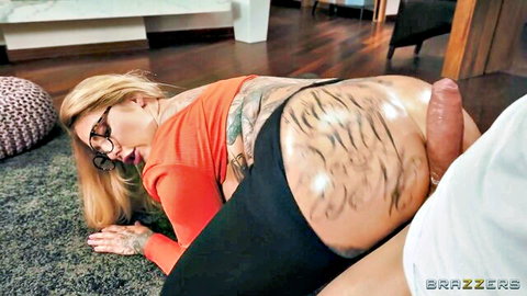 Tattooed voluptuous blonde MILF with glasses takes big anal dildo