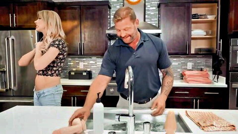 Casey Kisses in surprise kitchen visit with t-girl tease