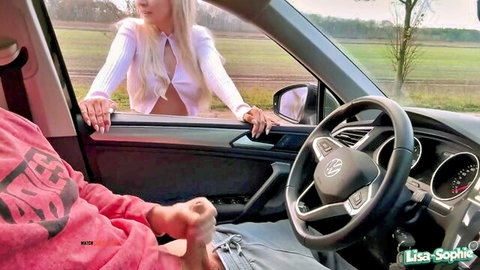 Blonde Lisa-Sophie surprises guy with handjob in car, double cumshot