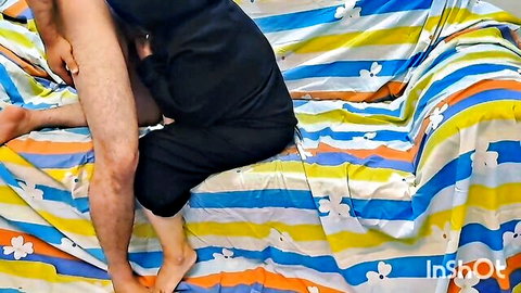 Amateur guy in black shorts spreading legs on couch, first time tease