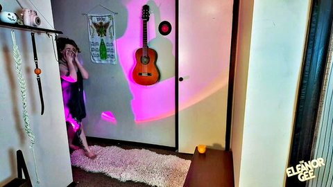 Shy petite girl peeking in purple dress, taboo sister accident scene